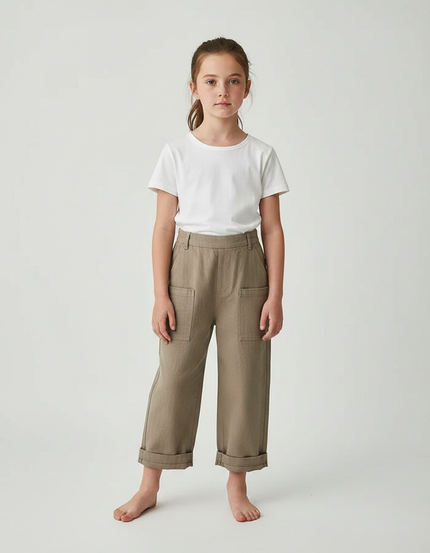 Pantalon Marron Coton Ample Poches Enfant - Kaki