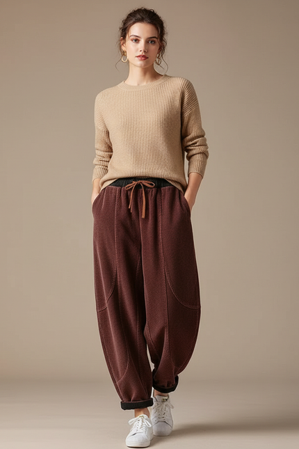 Pantalon Marron Côtelé Ample Décontracté Hiver Femme - Cordé