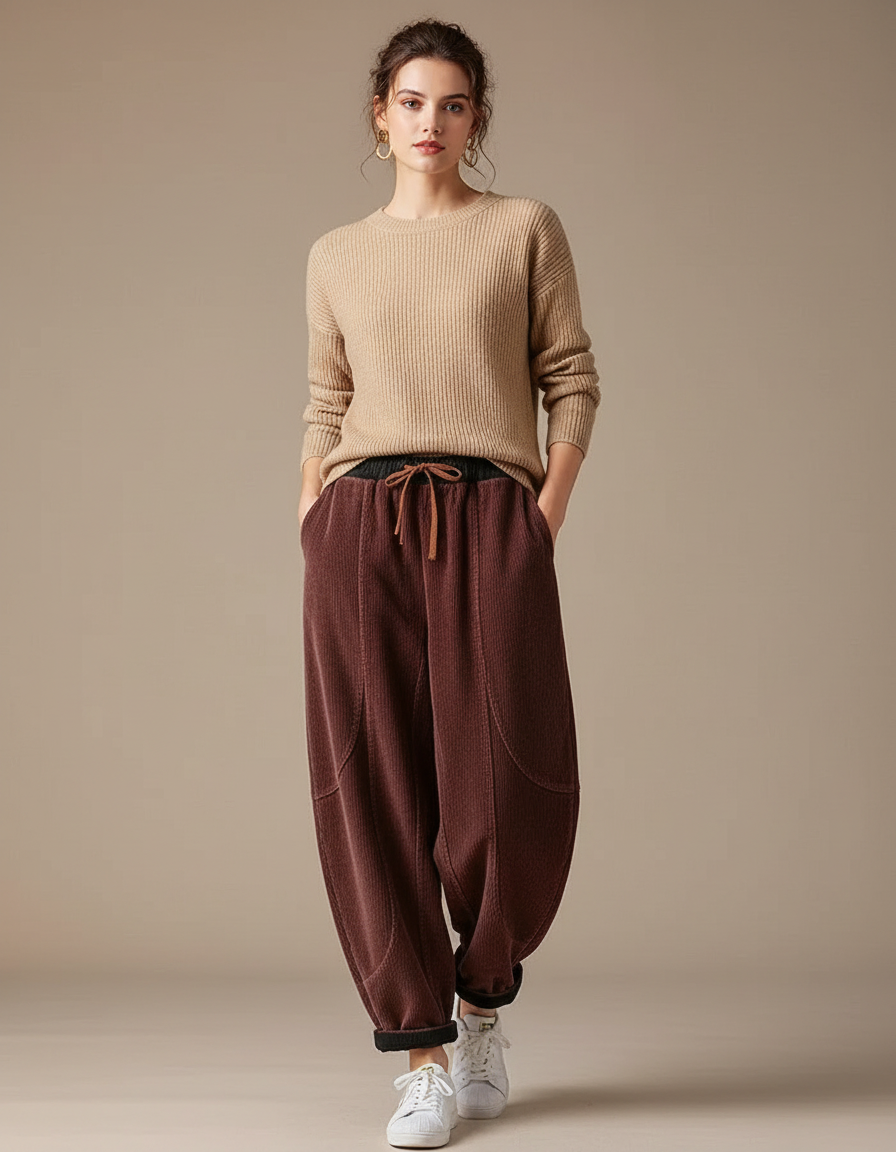 Pantalon Marron Côtelé Ample Décontracté Hiver Femme - Cordé