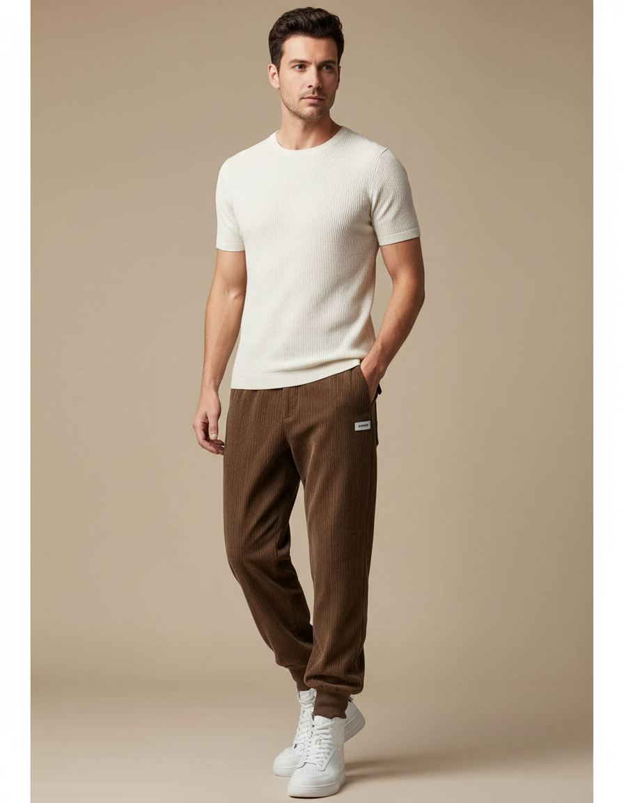 Pantalon Marron Côtelé Doux Décontracté Ample Homme - Cordé