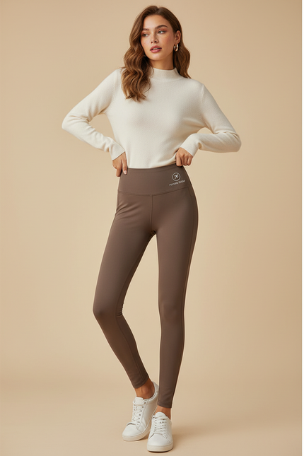 Pantalon Marron Moulant Thermique Polaire Taille Haute - Molleton