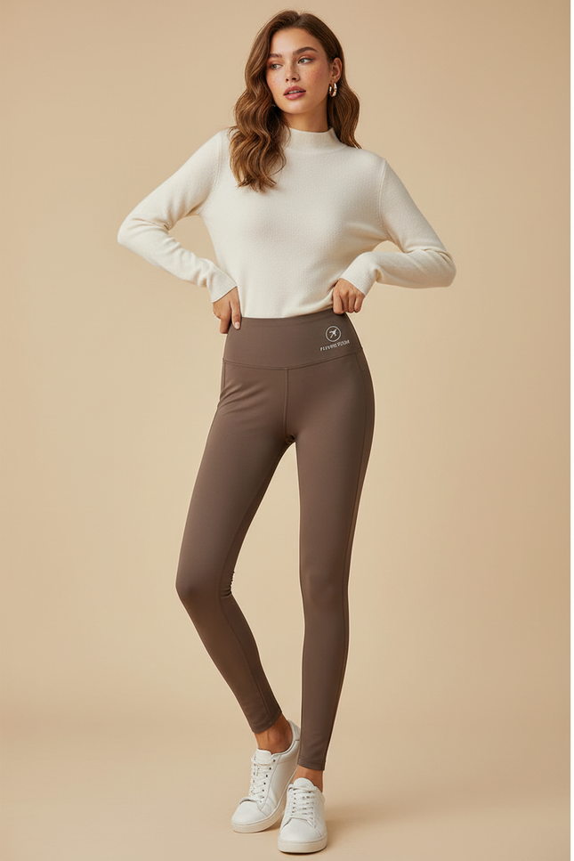 Pantalon Marron Moulant Thermique Polaire Taille Haute - Molleton