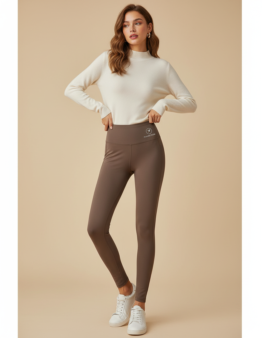 Pantalon Marron Moulant Thermique Polaire Taille Haute - Molleton