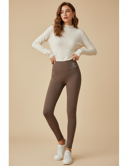 Pantalon Marron Moulant Thermique Polaire Taille Haute - Molleton