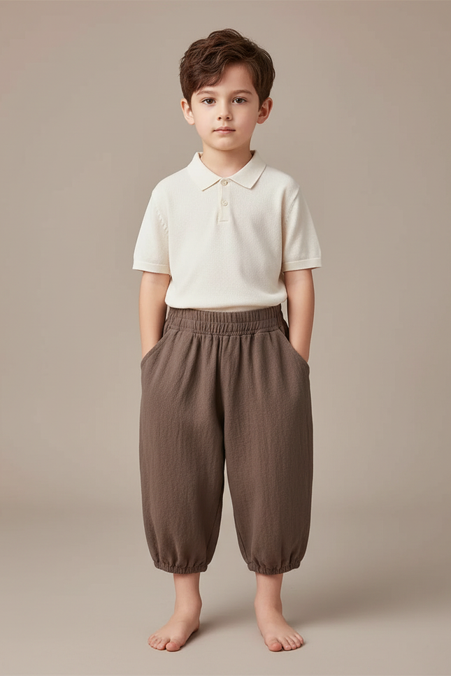 Pantalon Marron Coton Lin Ample Décontracté Enfant