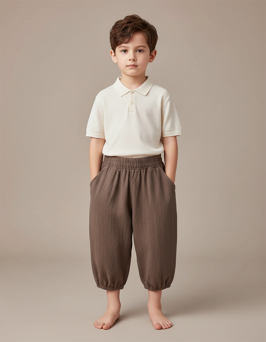 Pantalon Marron Coton Lin Ample Décontracté Enfant