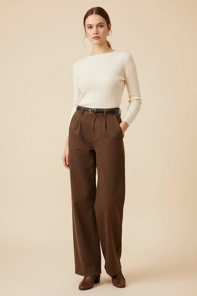 Pantalon Marron Ample Taille Haute Droit Femme - Jean