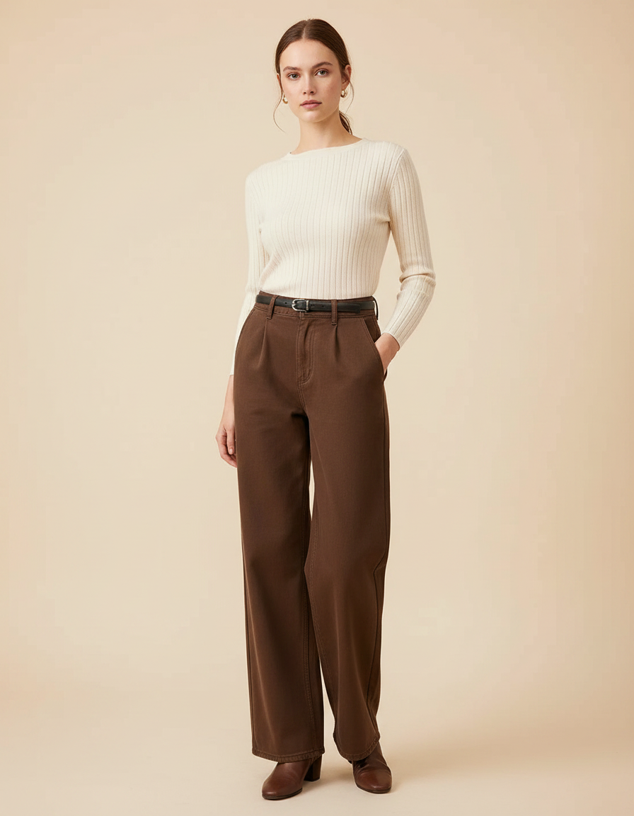 Pantalon Marron Ample Taille Haute Droit Femme - Jean