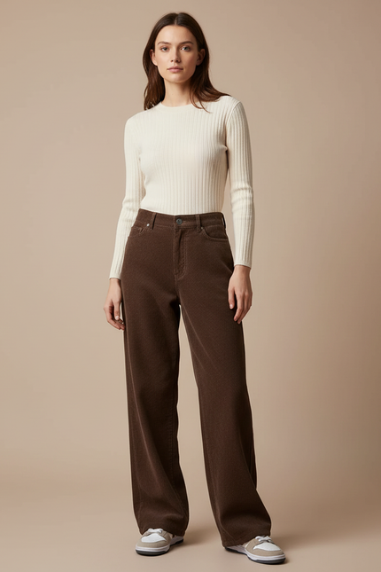 Pantalon Marron Côtelé Ample Droit Femme - Cordé