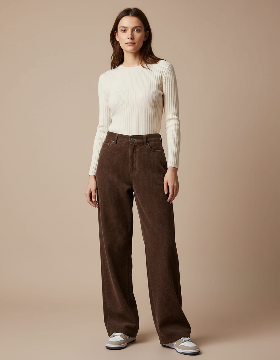 Pantalon Marron Côtelé Ample Droit Femme - Cordé