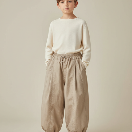 Pantalon Marron Ample Élastique Ballon Coton Enfant - Beige
