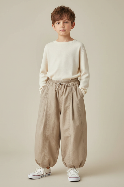 Pantalon Marron Ample Élastique Ballon Coton Enfant - Beige