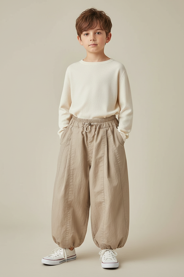 Pantalon Marron Ample Élastique Ballon Coton Enfant - Beige