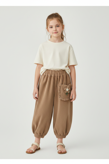 Pantalon Marron Ample Élastique Fleur Décontracté Fille - Molleton