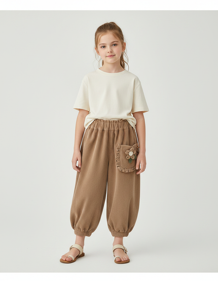 Pantalon Marron Ample Élastique Fleur Décontracté Fille - Molleton