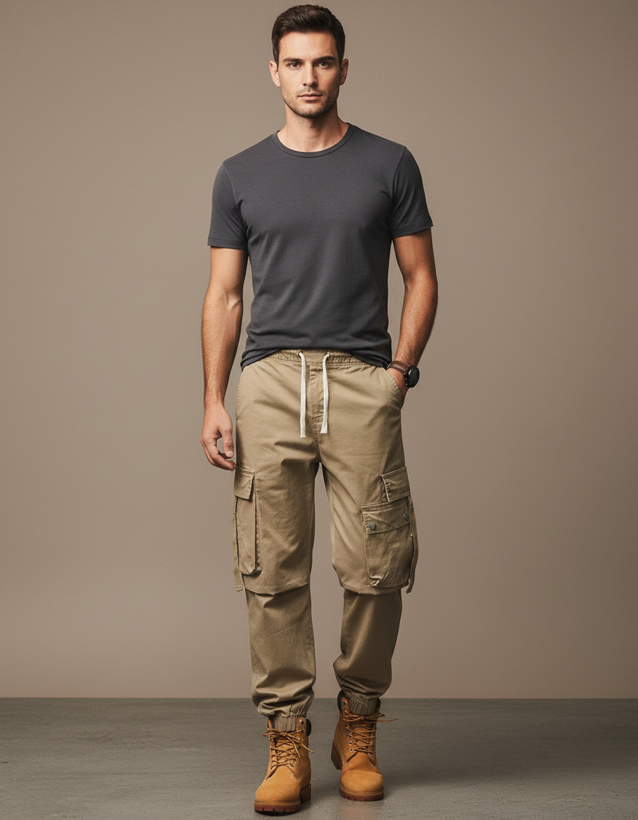 Pantalon Marron Cargo Décontracté Homme Multipoches Confortable - Camel Toile