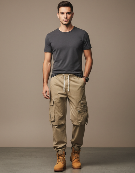 Pantalon Marron Cargo Décontracté Homme Multipoches Confortable - Camel Toile