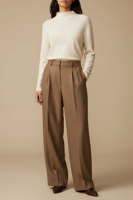 Pantalon Marron Laine Plissé Taille Haute Élégant