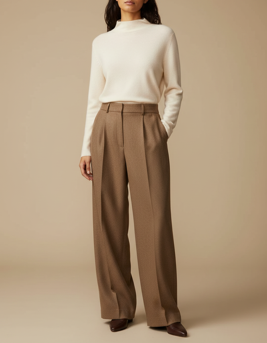 Pantalon Marron Laine Plissé Taille Haute Élégant
