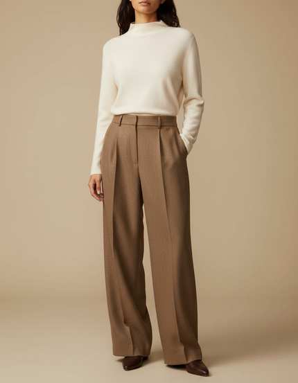 Pantalon Marron Laine Plissé Taille Haute Élégant