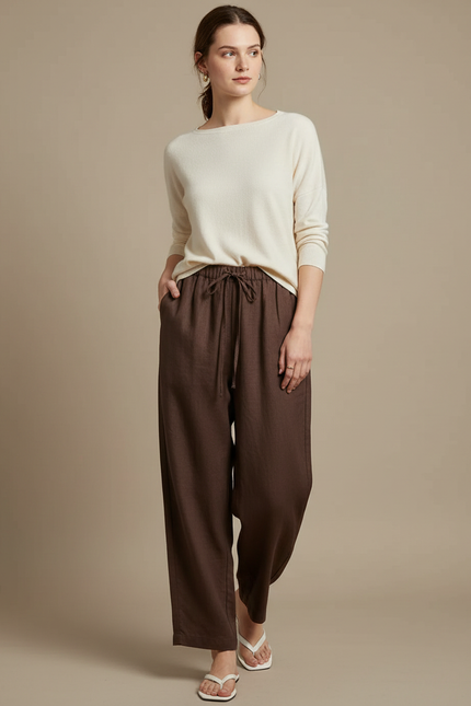 Pantalon Marron Ample Lin Cordon Femme