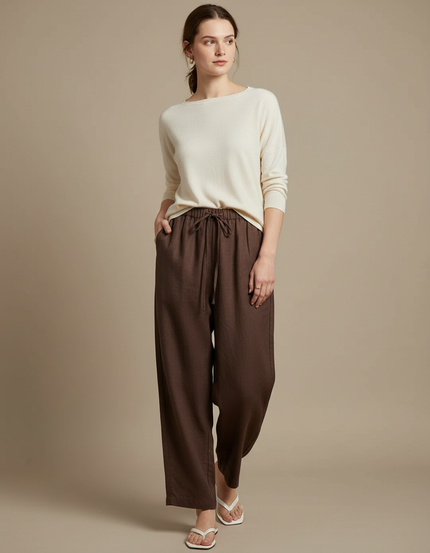 Pantalon Marron Ample Lin Cordon Femme