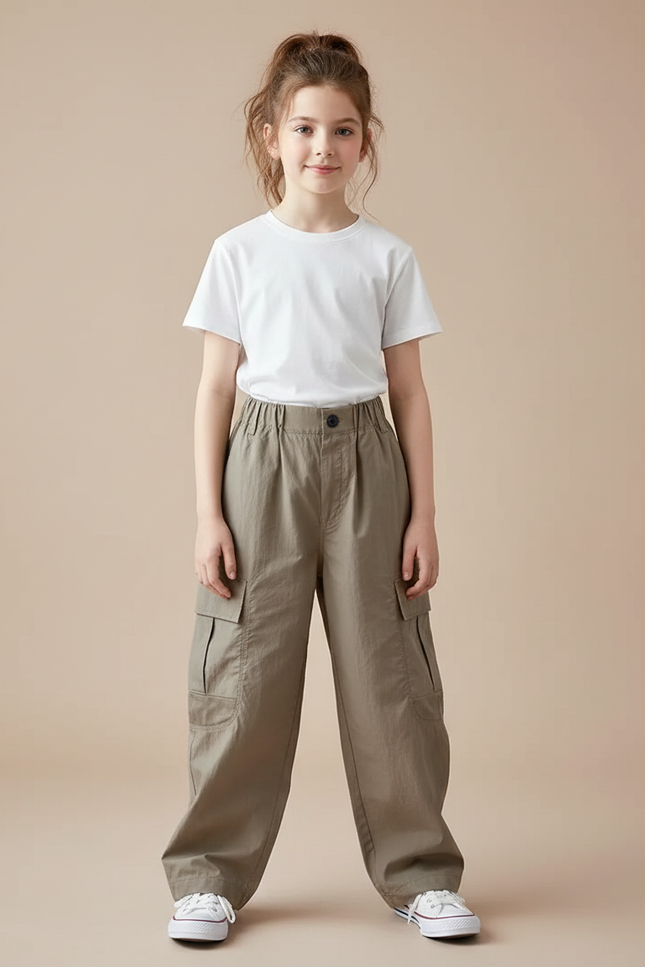 Pantalon Marron Ample Cargo Poches Enfants - Kaki Gabardine