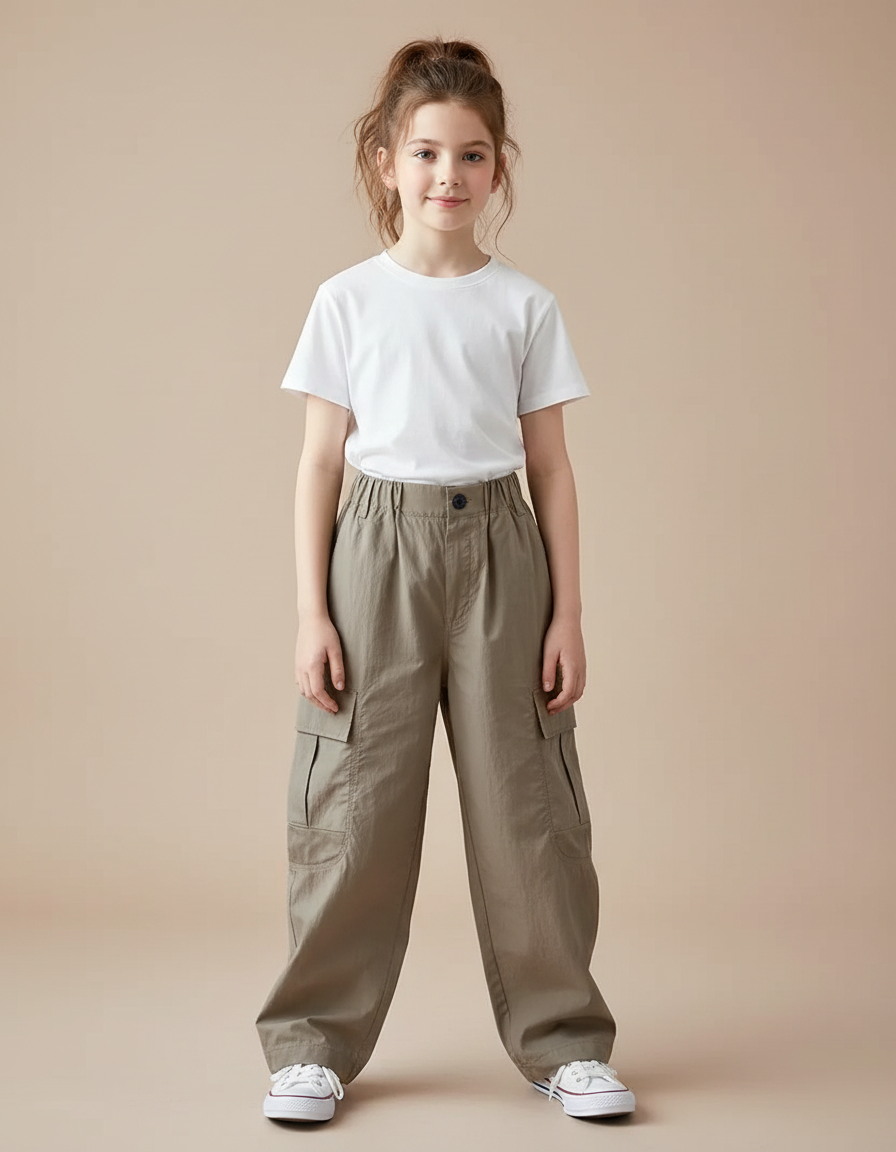 Pantalon Marron Ample Cargo Poches Enfants - Kaki Gabardine