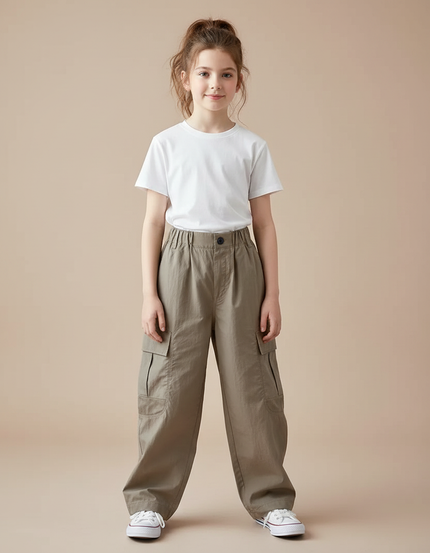 Pantalon Marron Ample Cargo Poches Enfants - Kaki Gabardine