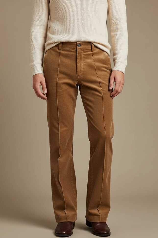 Pantalon Marron Velours Côtelé Évasé Homme Décontracté - Camel Cordé