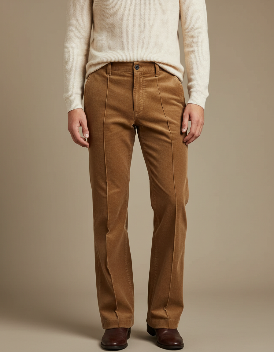Pantalon Marron Velours Côtelé Évasé Homme Décontracté - Camel Cordé
