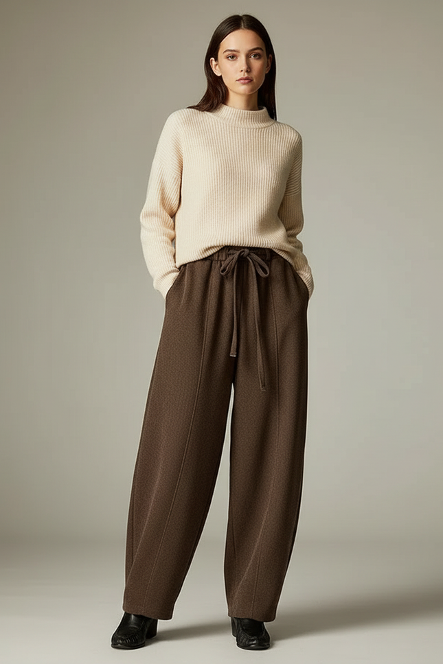 Pantalon Marron Ample Cordon Laine Décontracté Confortable