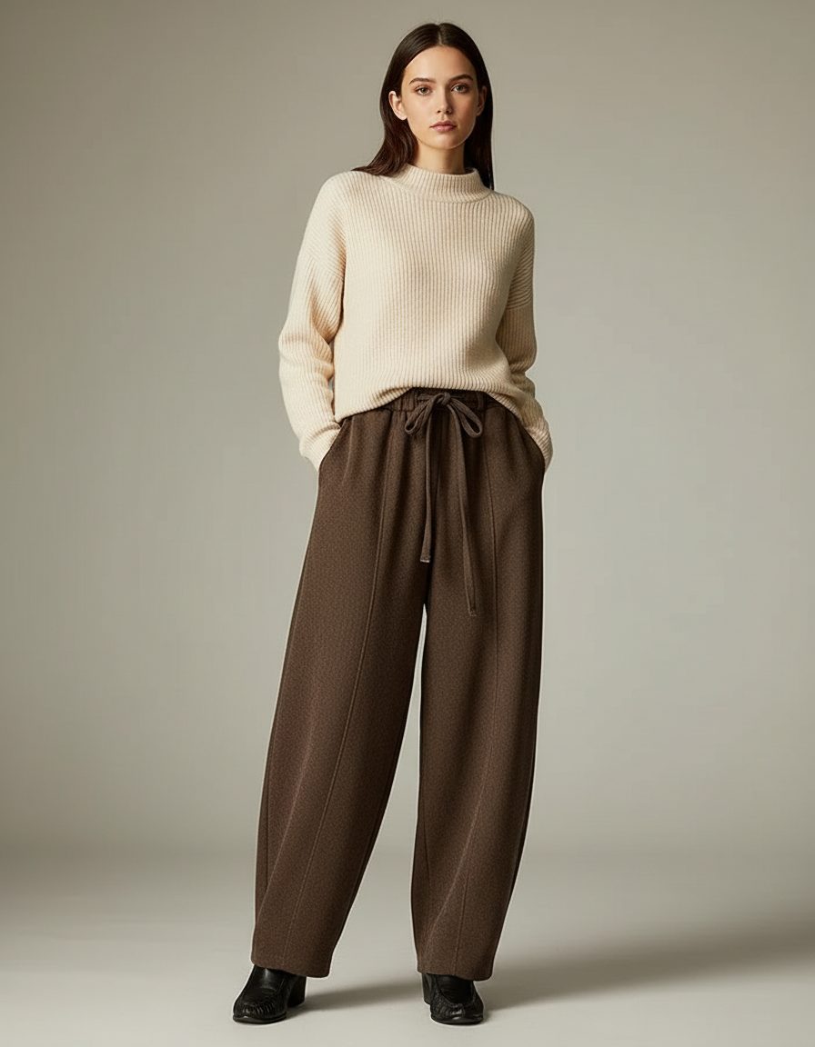 Pantalon Marron Ample Cordon Laine Décontracté Confortable