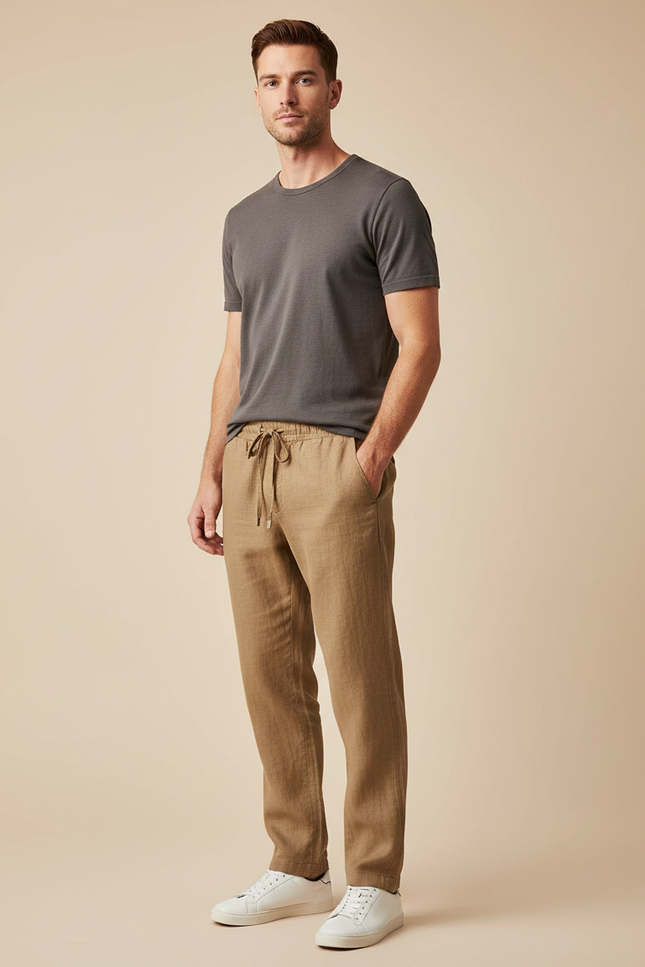 Pantalon Marron Lin Ample Décontracté Homme Casual
