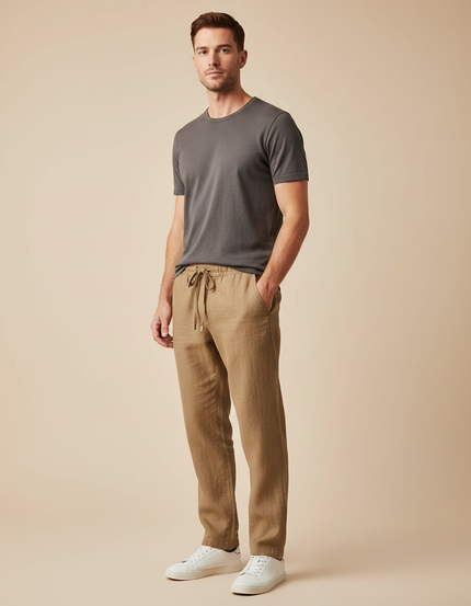 Pantalon Marron Lin Ample Décontracté Homme Casual