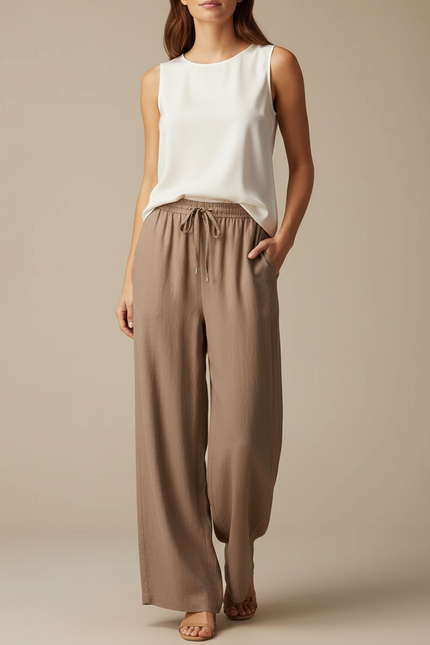 Pantalon Marron Fluide Ample Cordon Décontracté Femme - Viscose