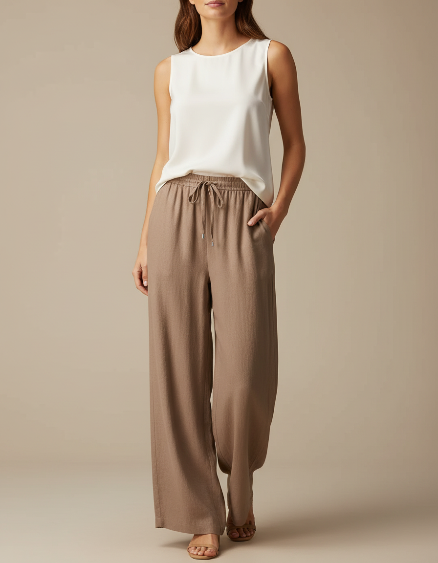 Pantalon Marron Fluide Ample Cordon Décontracté Femme - Viscose