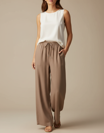 Pantalon Marron Fluide Ample Cordon Décontracté Femme - Viscose
