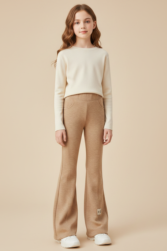 Pantalon Marron Flare Taille Haute Élasthanne Casual Fille - Molleton