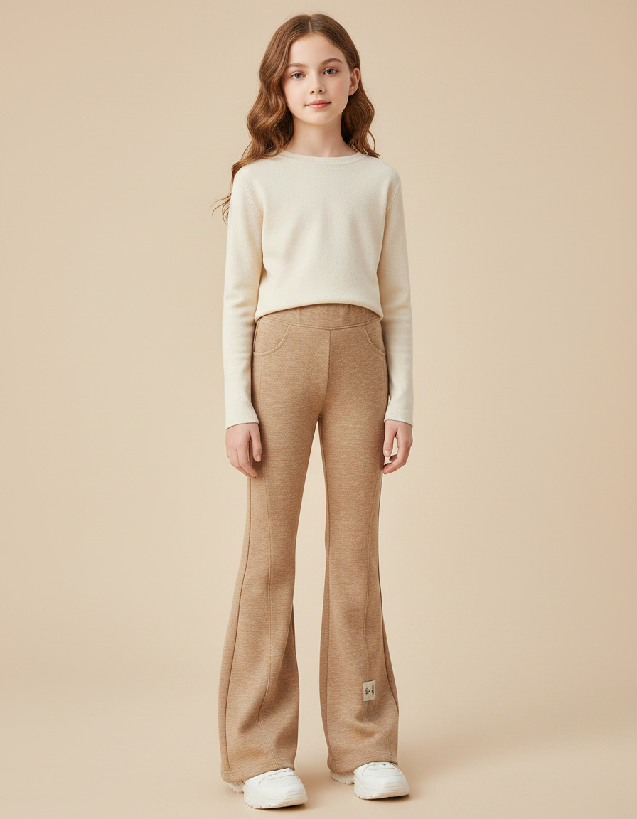 Pantalon Marron Flare Taille Haute Élasthanne Casual Fille - Molleton