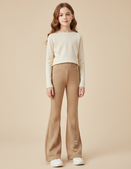 Pantalon Marron Flare Taille Haute Élasthanne Casual Fille - Molleton