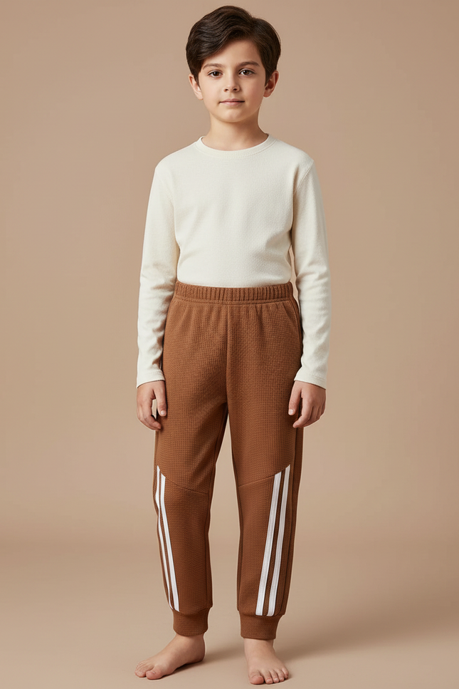Pantalon Marron Gaufre Sportif Rayures Blanches Enfant - Molleton