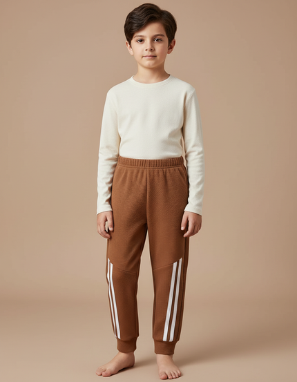 Pantalon Marron Gaufre Sportif Rayures Blanches Enfant - Molleton