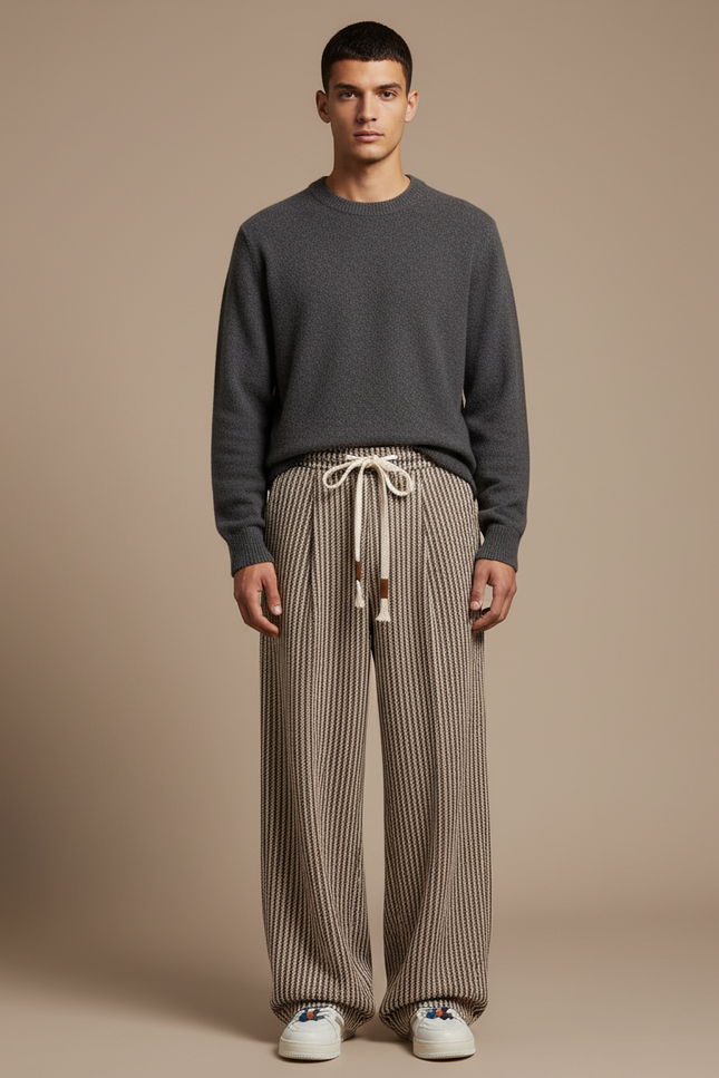 Pantalon Marron Rayé Ample Décontracté Cordon Homme - Tweed