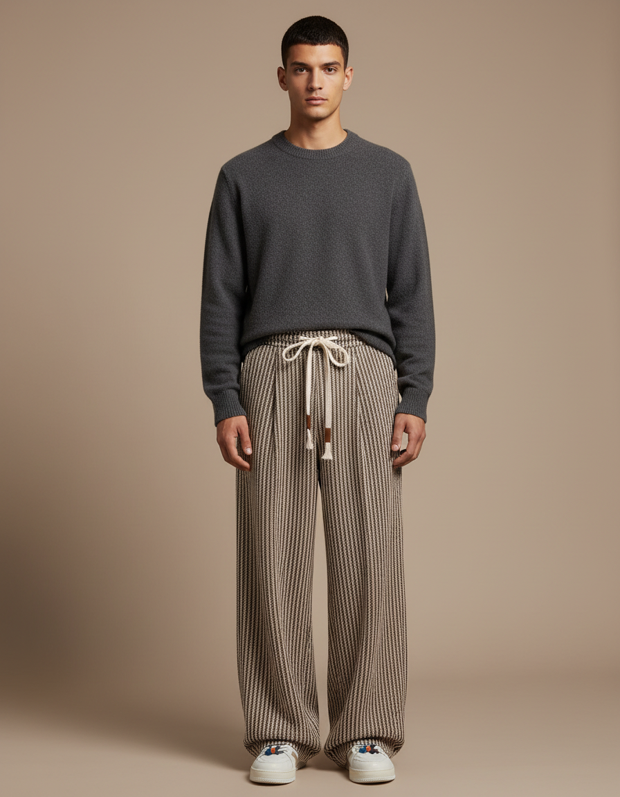 Pantalon Marron Rayé Ample Décontracté Cordon Homme - Tweed