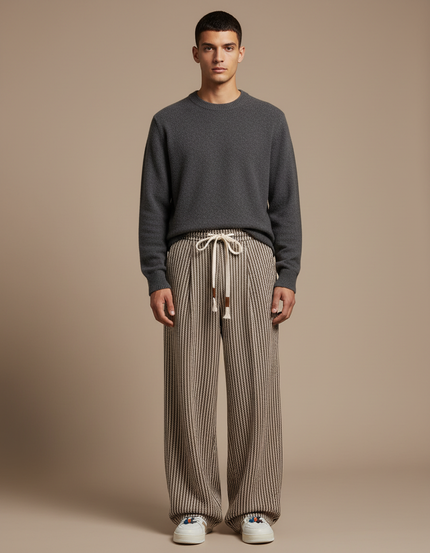 Pantalon Marron Rayé Ample Décontracté Cordon Homme - Tweed