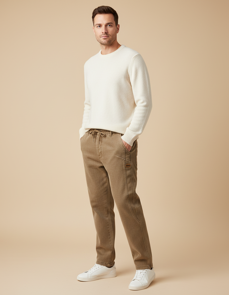 Pantalon Marron Homme Coton Décontracté Cordon