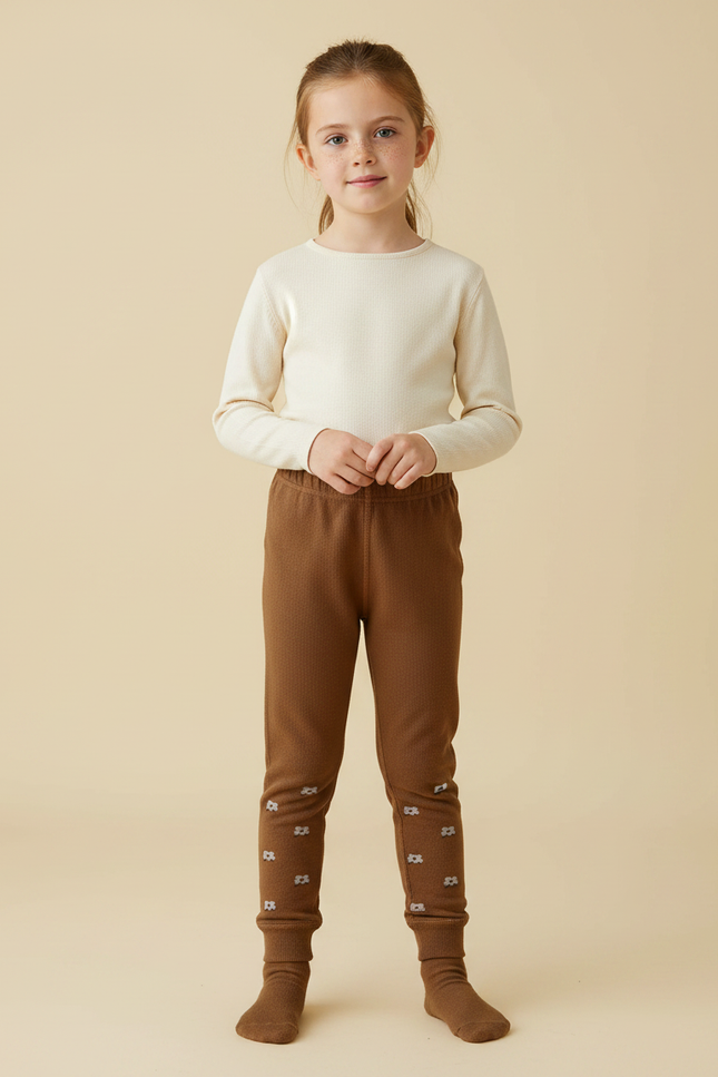 Pantalon Marron Fleuri Enfant Doux Confortable - Maille