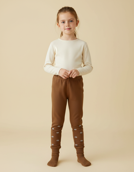 Pantalon Marron Fleuri Enfant Doux Confortable - Maille