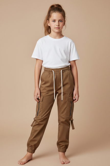 Pantalon Marron Cargo Cordon Décontracté Enfant - Gabardine